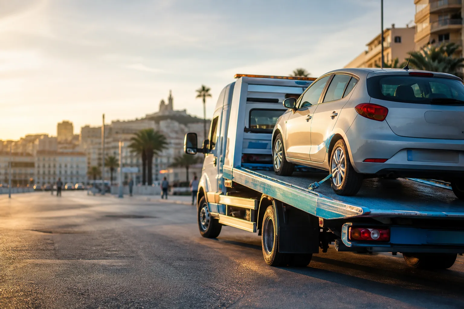 Dépanneuse Marseille remorquant une voiture au coucher du soleil près du port