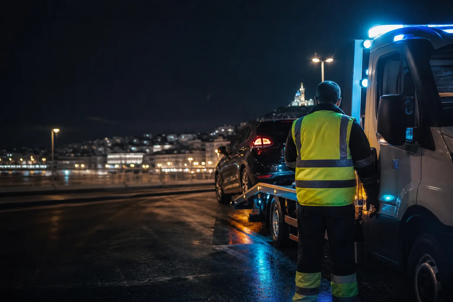 Technicien dépannage de nuit à Marseille près d’une dépanneuse